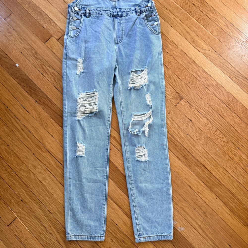 12th Tribe “Runaway Girl” Distressed Denim Overalls Light Wash Size Small - Picture 5 of 8